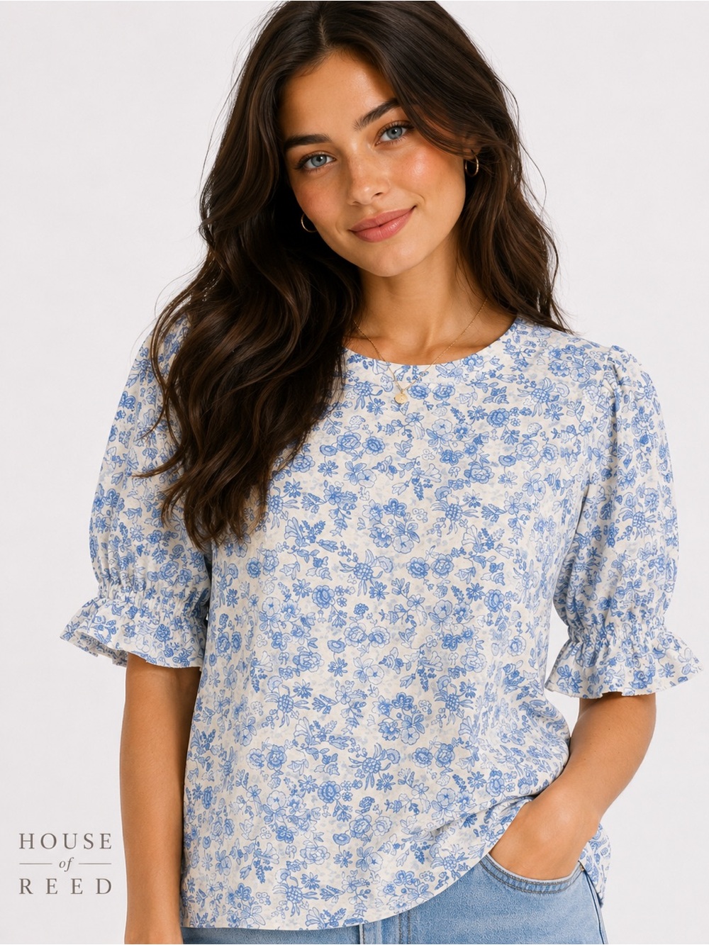 Crown & Ivy Blue‎ Floral Puff Sleeve Blouse XS Cottagecore Teacher Core Top